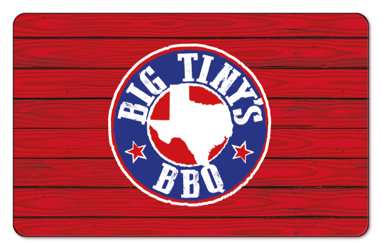 BIg Tiny's BBQ logo over red wood planking background